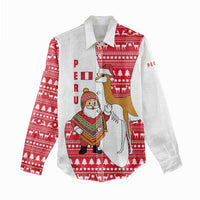 Peru Christmas Women Casual Shirt with Santa Claus Vicuña Andean Poncho and Red Festive Pattern Design - Wonder Print Shop