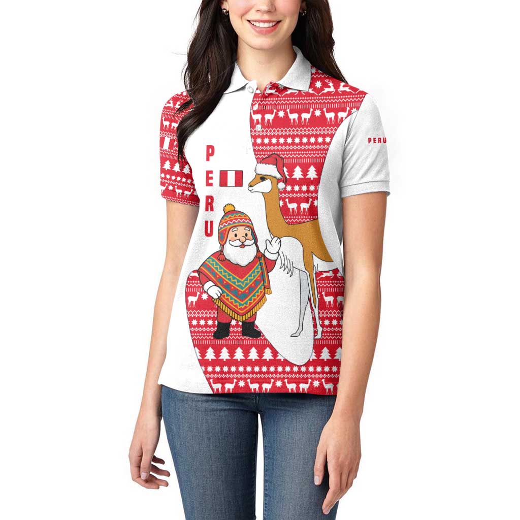Peru Christmas Women Polo Shirt with Santa Claus Vicuña Andean Poncho and Red Festive Pattern Design - Wonder Print Shop