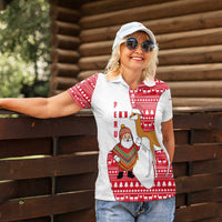 Peru Christmas Women Polo Shirt with Santa Claus Vicuña Andean Poncho and Red Festive Pattern Design - Wonder Print Shop