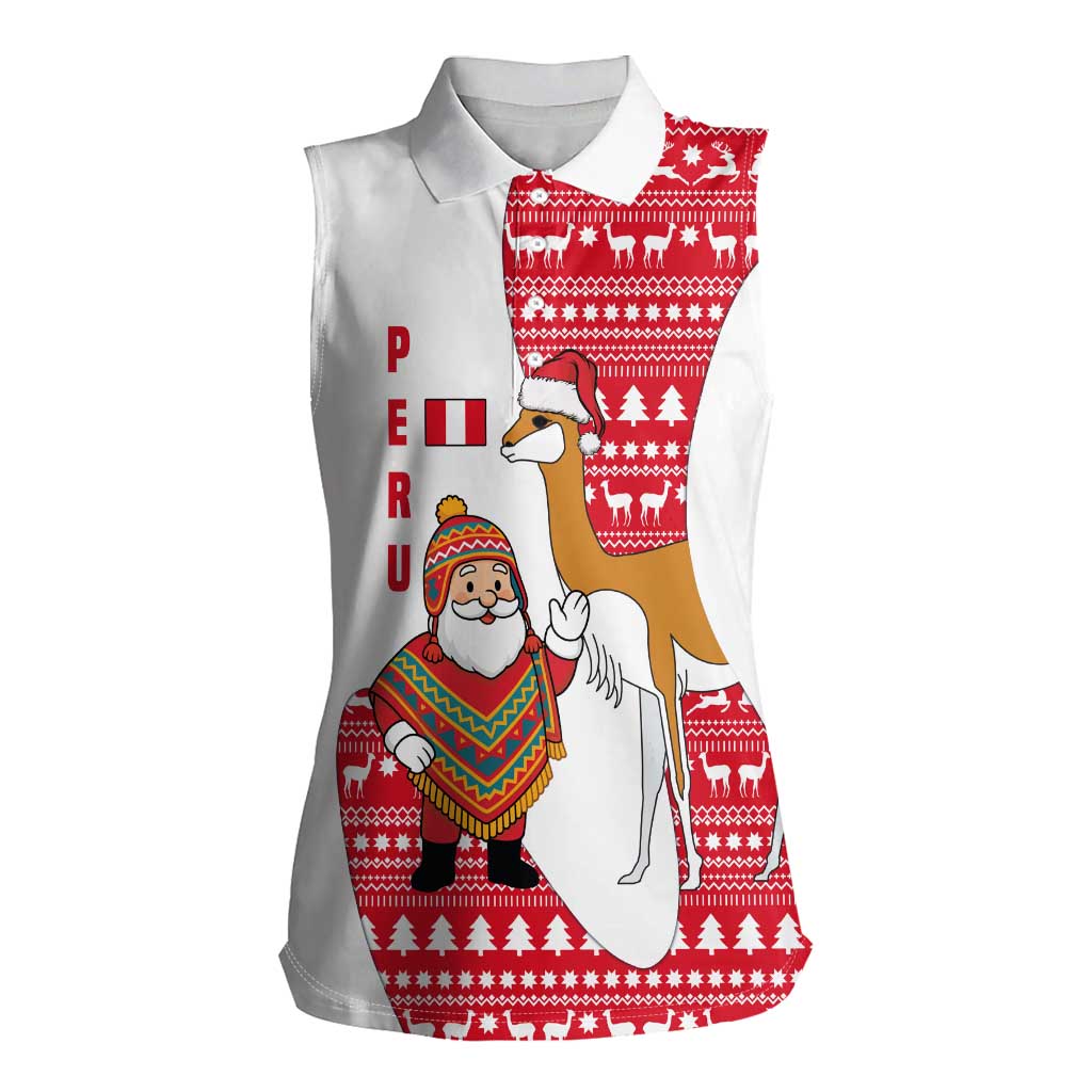 Peru Christmas Women Sleeveless Polo Shirt with Santa Claus Vicuña Andean Poncho and Red Festive Pattern Design - Wonder Print Shop