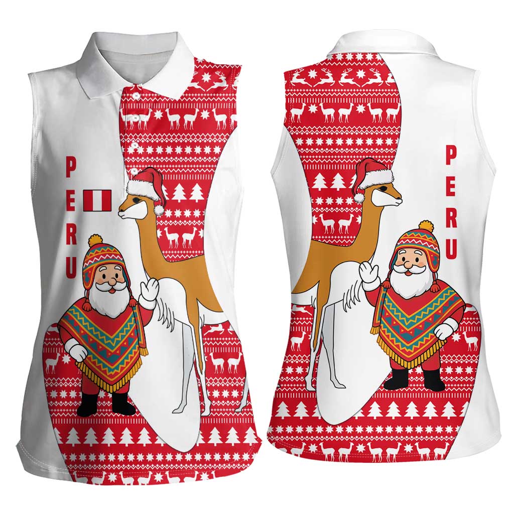 Peru Christmas Women Sleeveless Polo Shirt with Santa Claus Vicuña Andean Poncho and Red Festive Pattern Design - Wonder Print Shop