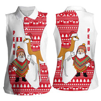 Peru Christmas Women Sleeveless Polo Shirt with Santa Claus Vicuña Andean Poncho and Red Festive Pattern Design - Wonder Print Shop