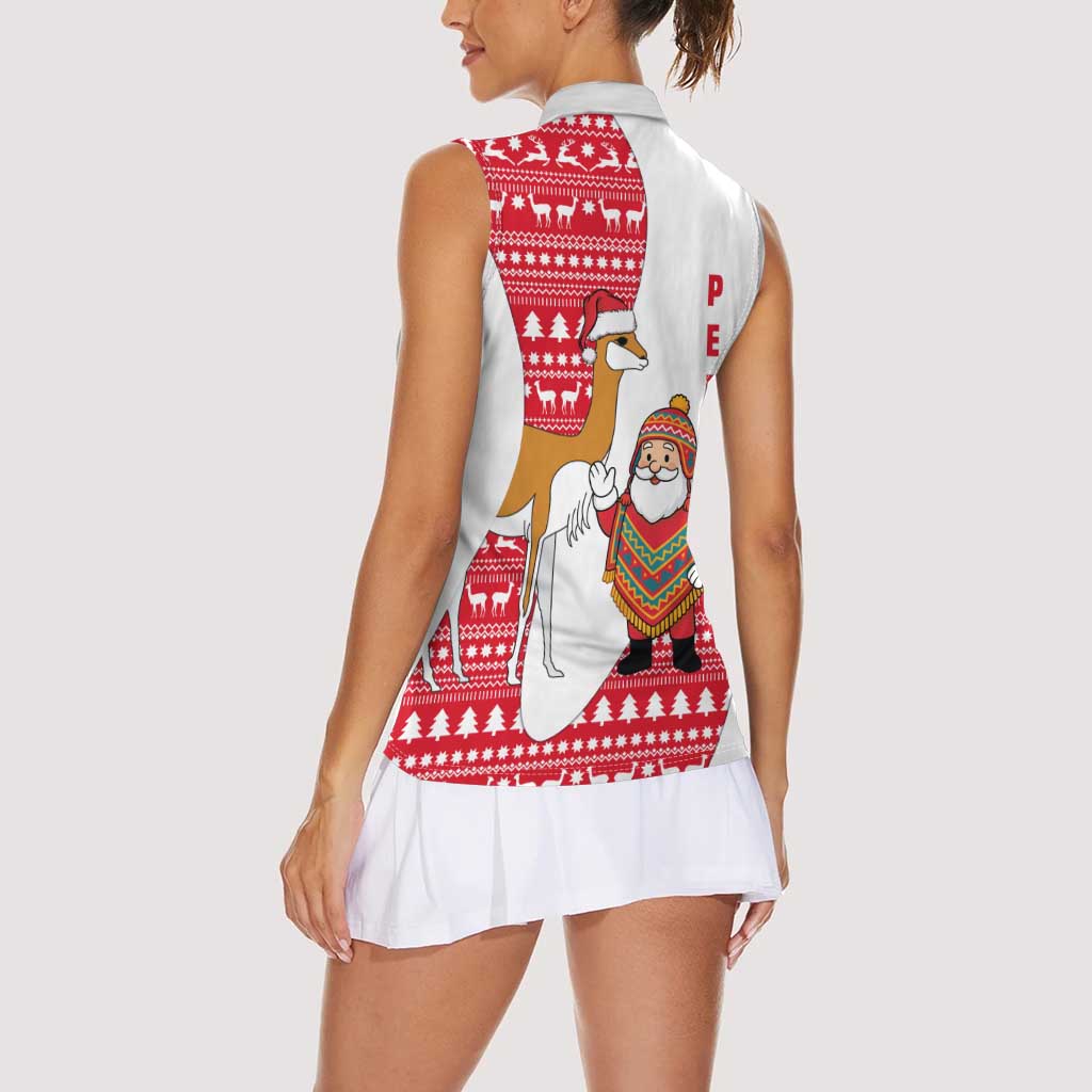 Peru Christmas Women Sleeveless Polo Shirt with Santa Claus Vicuña Andean Poncho and Red Festive Pattern Design - Wonder Print Shop