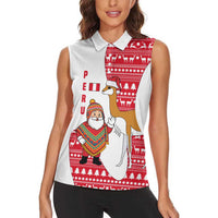 Peru Christmas Women Sleeveless Polo Shirt with Santa Claus Vicuña Andean Poncho and Red Festive Pattern Design - Wonder Print Shop