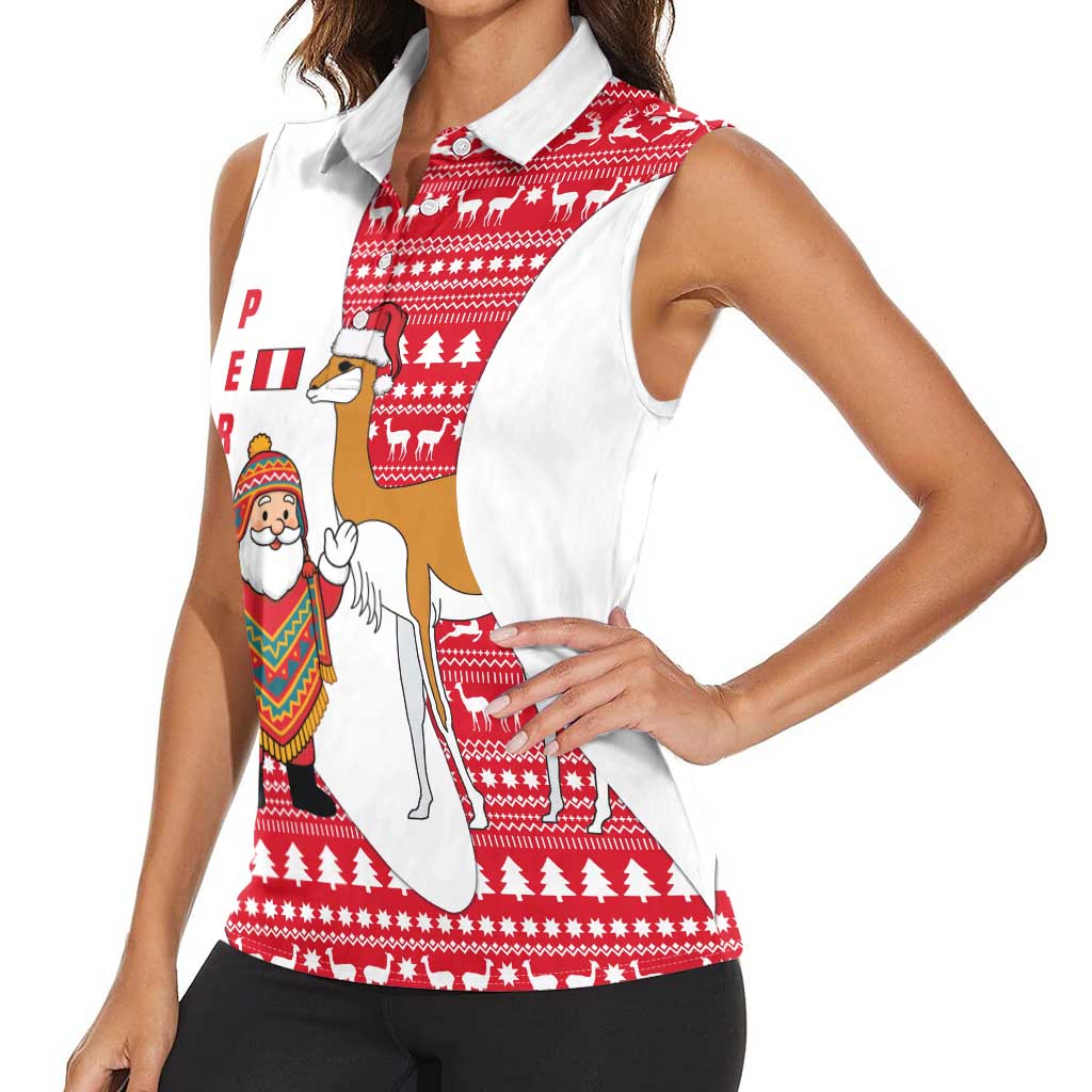 Peru Christmas Women Sleeveless Polo Shirt with Santa Claus Vicuña Andean Poncho and Red Festive Pattern Design - Wonder Print Shop