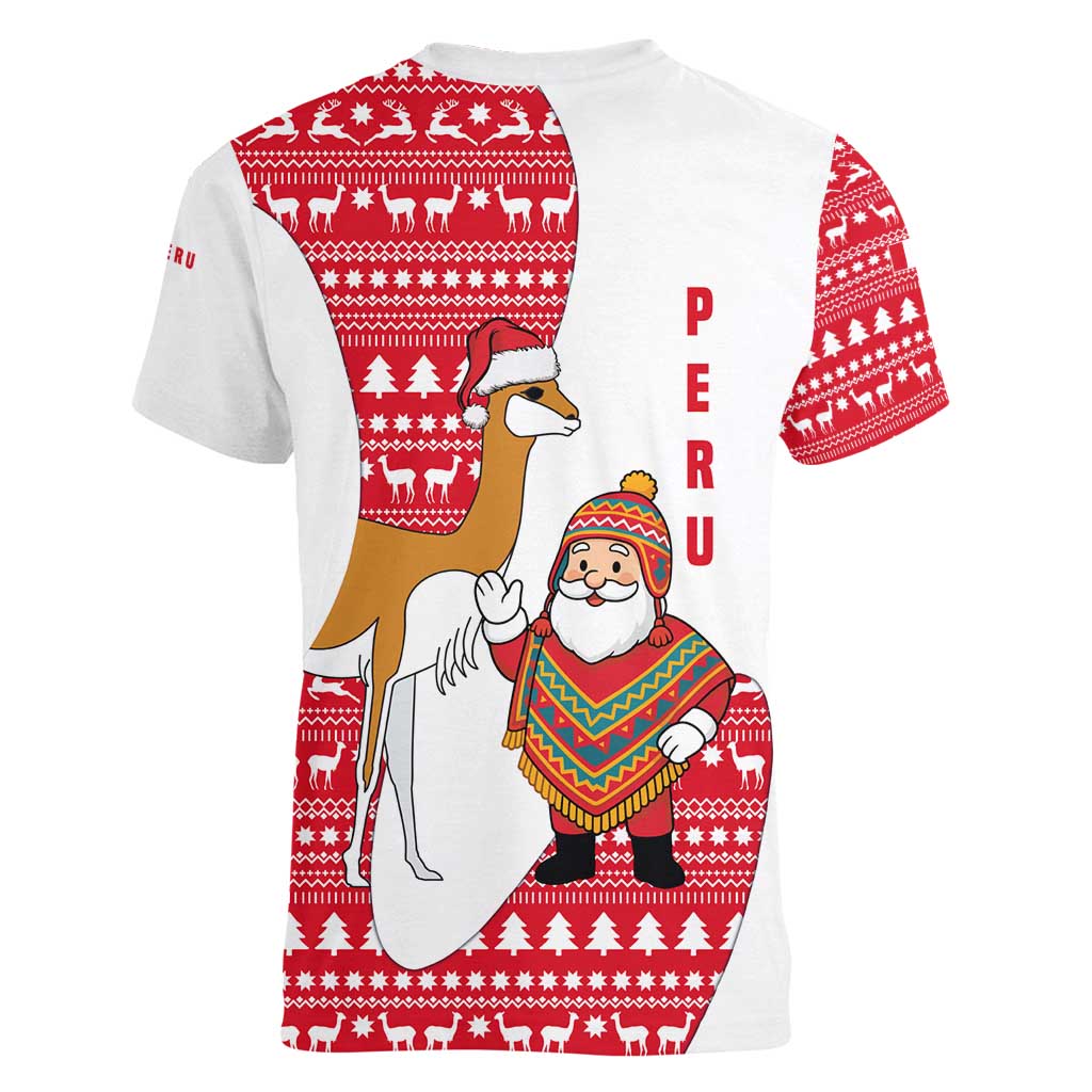 Peru Christmas Women V-Neck T-Shirt with Santa Claus Vicuña Andean Poncho and Red Festive Pattern Design - Wonder Print Shop