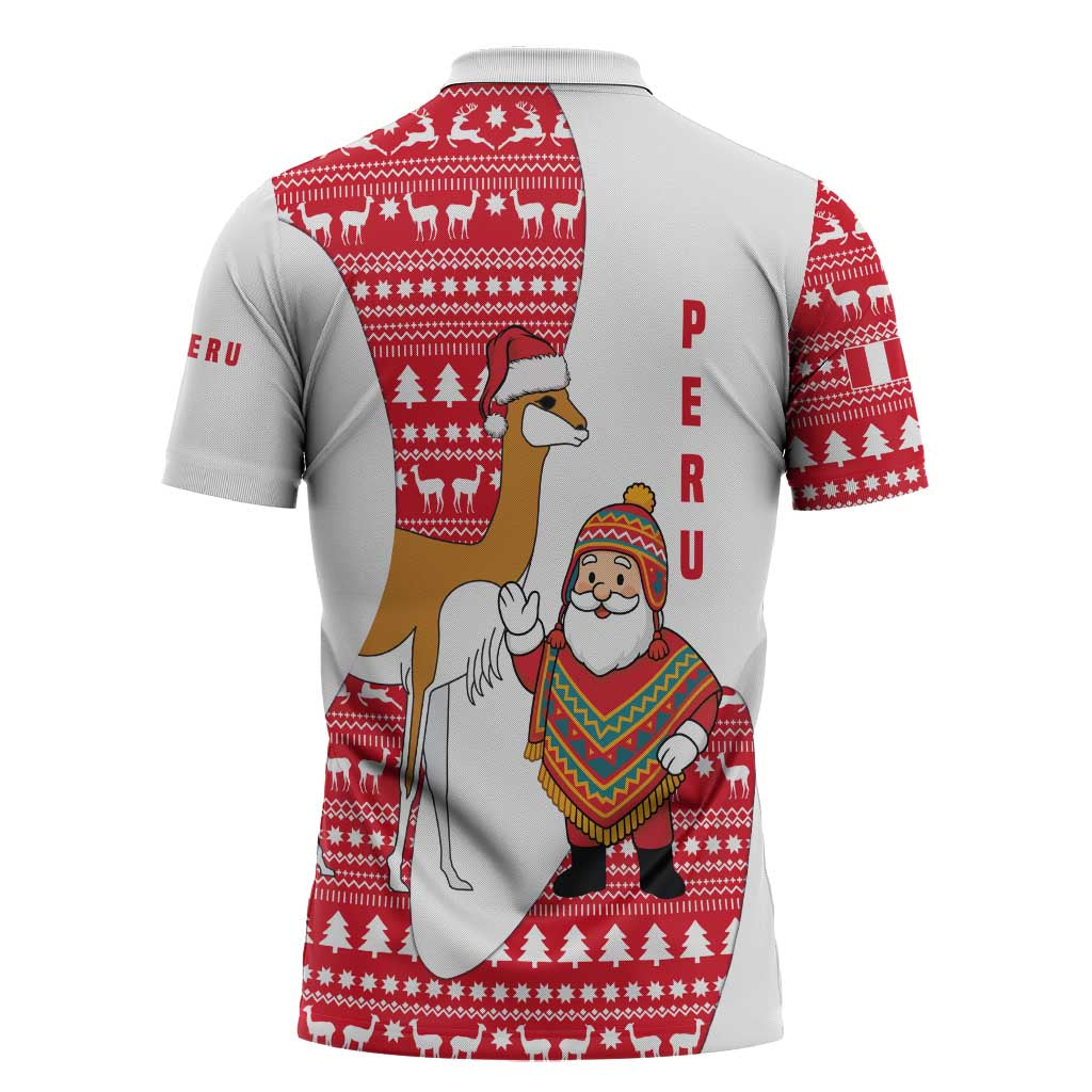 Peru Christmas Zipper Polo Shirt with Santa Claus Vicuña Andean Poncho and Red Festive Pattern Design - Wonder Print Shop