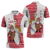 Peru Christmas Zipper Polo Shirt with Santa Claus Vicuña Andean Poncho and Red Festive Pattern Design - Wonder Print Shop