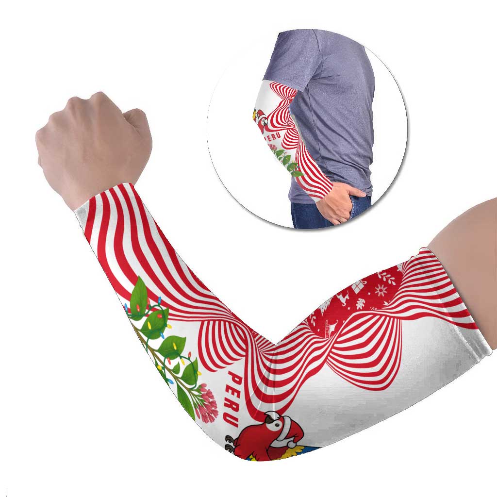 Peru Christmas Arm Sleeves with Santa Macaw Cantuta Flower Red Swirl Pattern and Festive Design - Wonder Print Shop