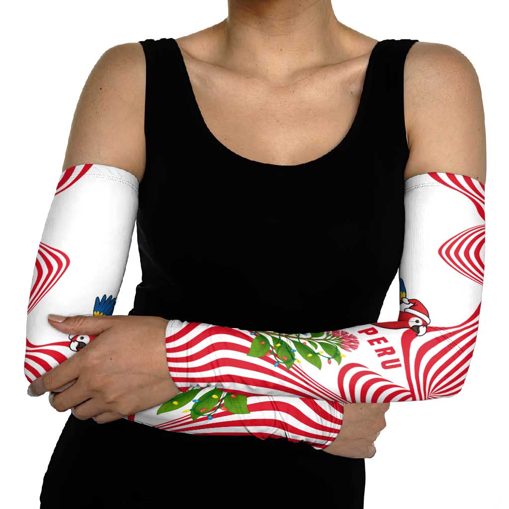 Peru Christmas Arm Sleeves with Santa Macaw Cantuta Flower Red Swirl Pattern and Festive Design - Wonder Print Shop