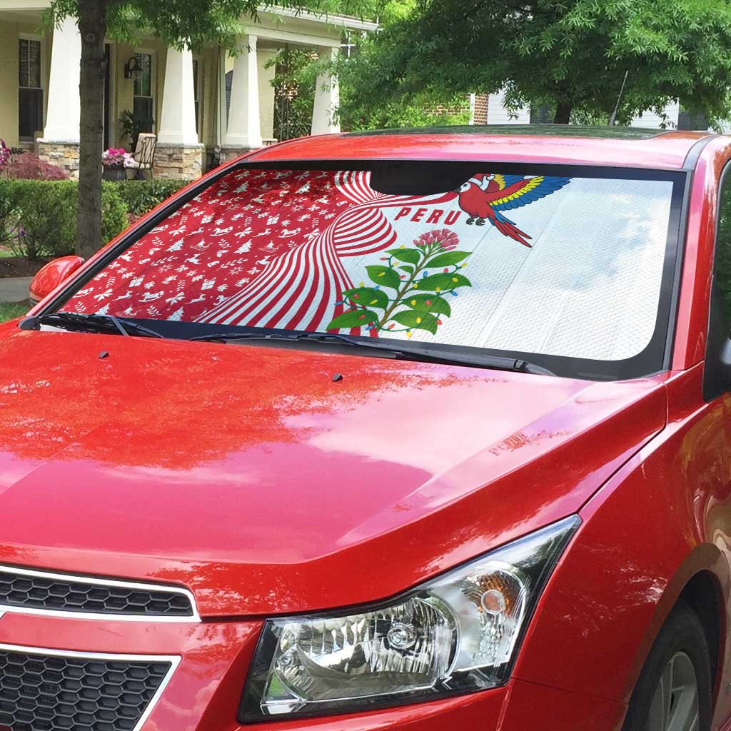 Peru Christmas Auto Sun Shade with Santa Macaw Cantuta Flower Red Swirl Pattern and Festive Design - Wonder Print Shop
