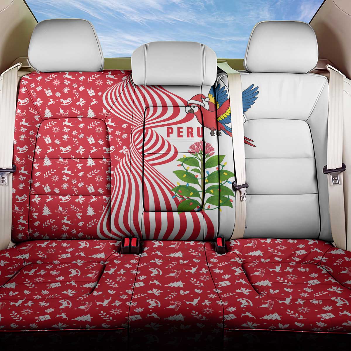 Peru Christmas Back Car Seat Cover with Santa Macaw Cantuta Flower Red Swirl Pattern and Festive Design - Wonder Print Shop