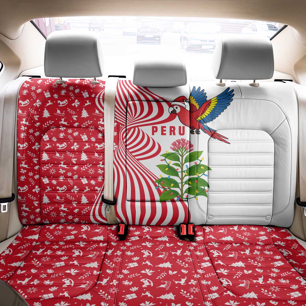 Peru Christmas Back Car Seat Cover with Santa Macaw Cantuta Flower Red Swirl Pattern and Festive Design - Wonder Print Shop