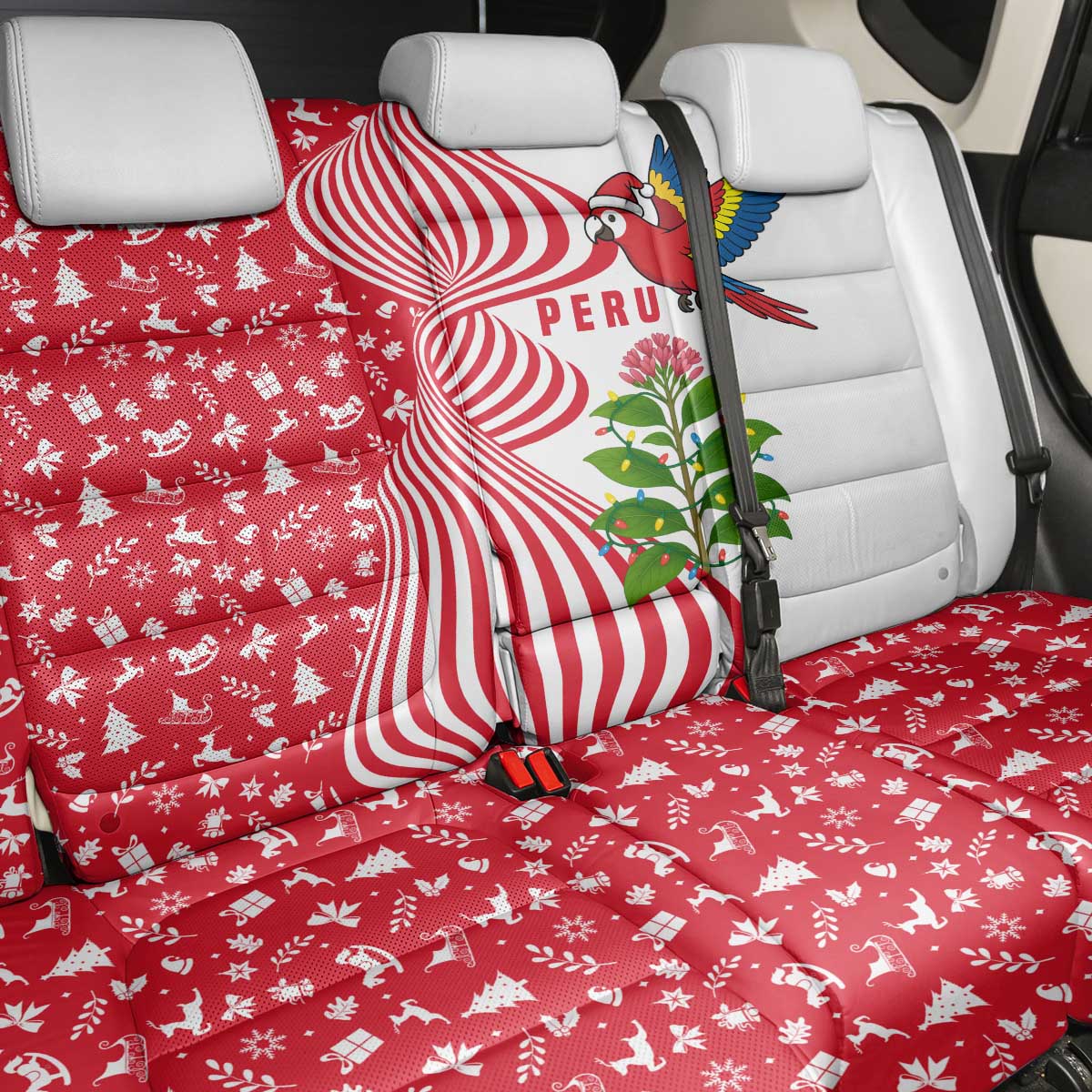 Peru Christmas Back Car Seat Cover with Santa Macaw Cantuta Flower Red Swirl Pattern and Festive Design - Wonder Print Shop