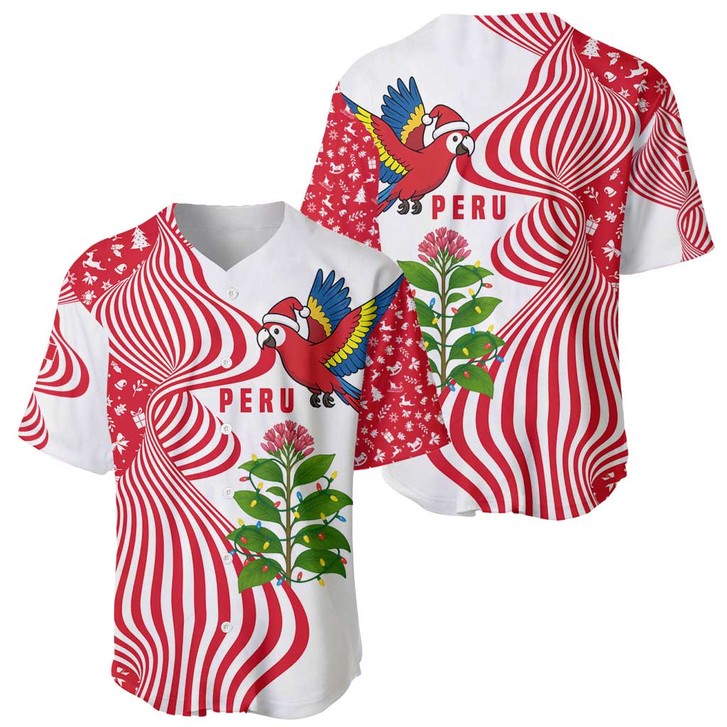 Peru Christmas Baseball Jersey with Santa Macaw Cantuta Flower Red Swirl Pattern and Festive Design - Wonder Print Shop