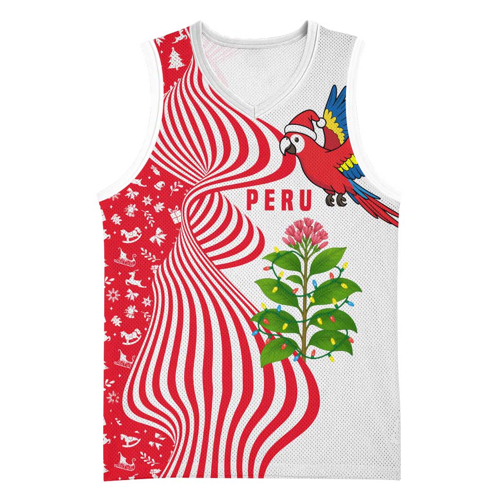 Peru Christmas Basketball Jersey with Santa Macaw Cantuta Flower Red Swirl Pattern and Festive Design - Wonder Print Shop