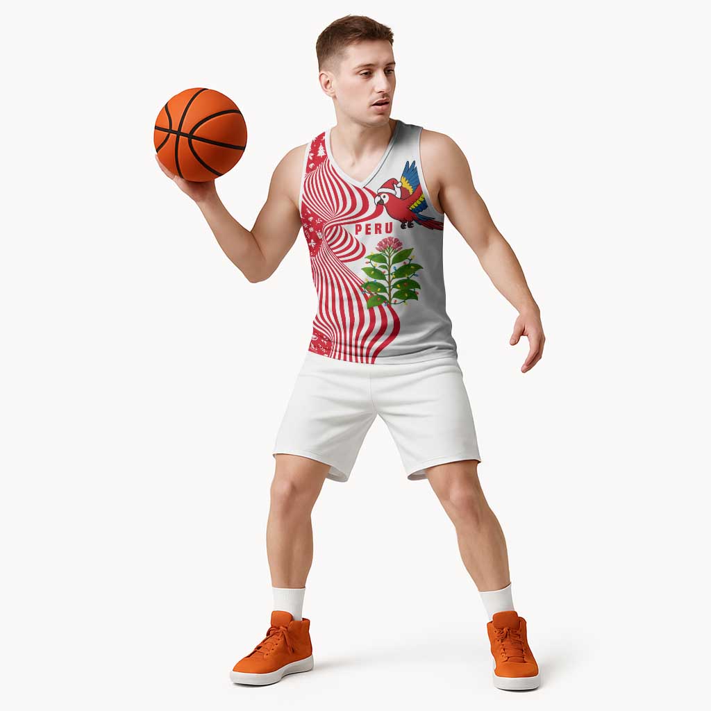 Peru Christmas Basketball Jersey with Santa Macaw Cantuta Flower Red Swirl Pattern and Festive Design - Wonder Print Shop