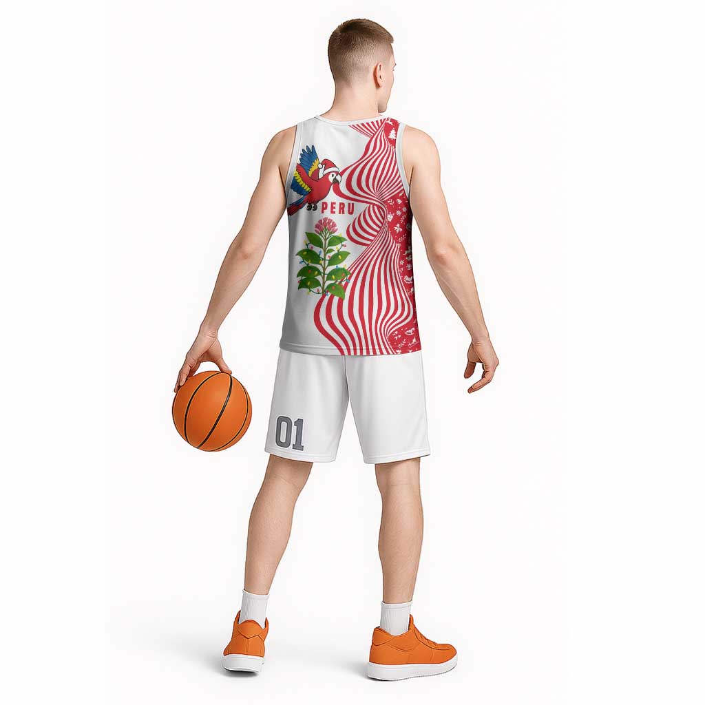 Peru Christmas Basketball Jersey with Santa Macaw Cantuta Flower Red Swirl Pattern and Festive Design - Wonder Print Shop