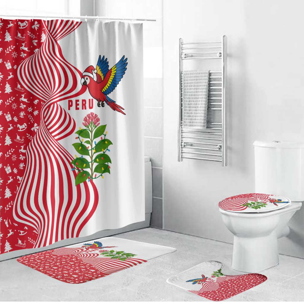 Peru Christmas Bathroom Set with Santa Macaw Cantuta Flower Red Swirl Pattern and Festive Design - Wonder Print Shop