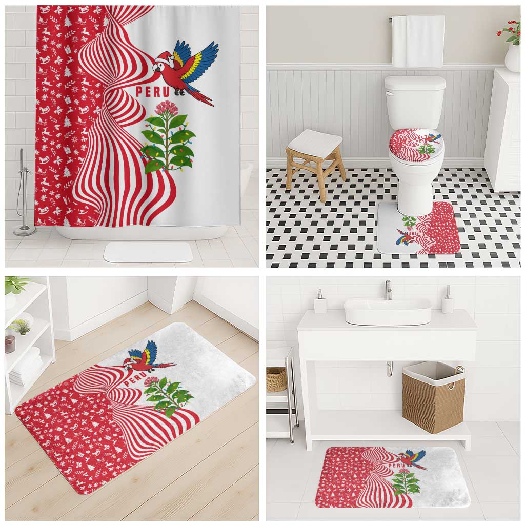 Peru Christmas Bathroom Set with Santa Macaw Cantuta Flower Red Swirl Pattern and Festive Design - Wonder Print Shop