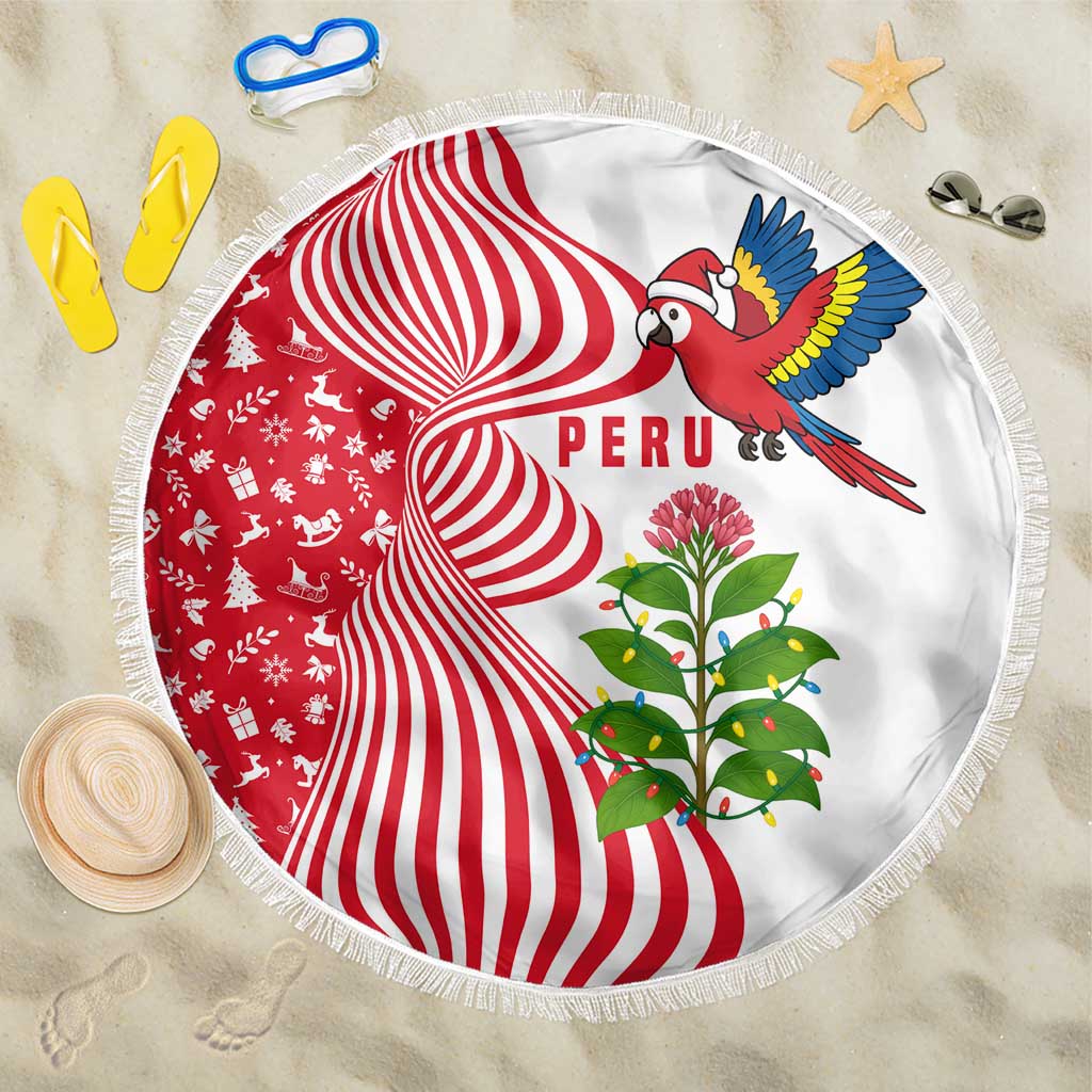 Peru Christmas Beach Blanket with Santa Macaw Cantuta Flower Red Swirl Pattern and Festive Design - Wonder Print Shop
