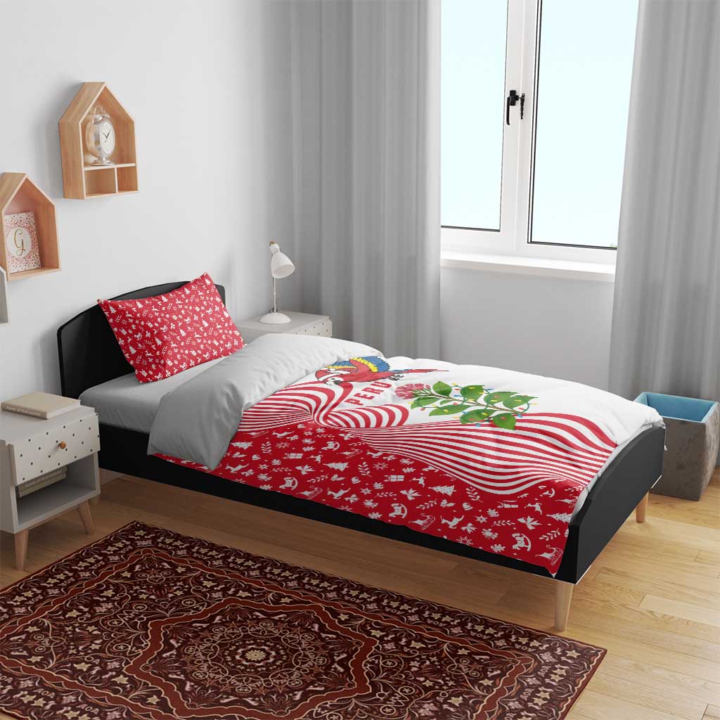 Peru Christmas Bedding Set with Santa Macaw Cantuta Flower Red Swirl Pattern and Festive Design - Wonder Print Shop