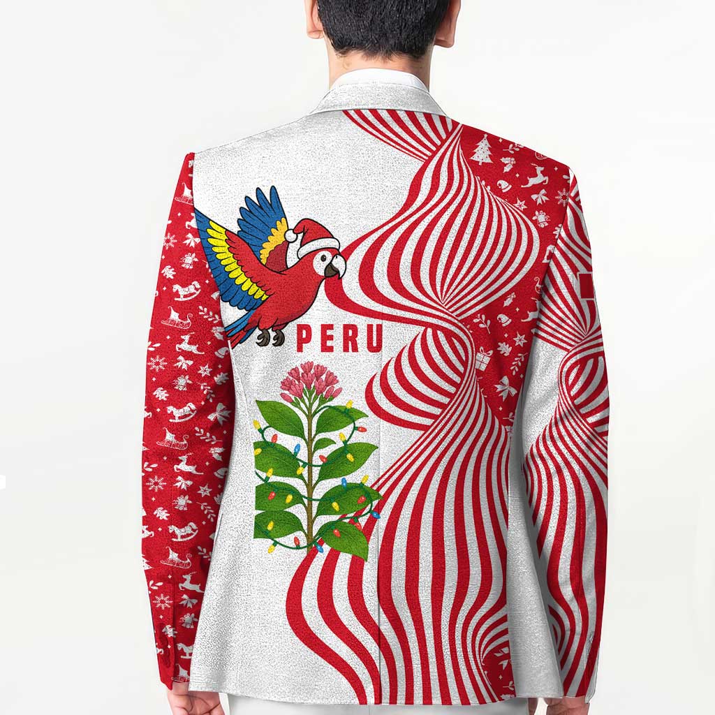 Peru Christmas Blazer with Santa Macaw Cantuta Flower Red Swirl Pattern and Festive Design - Wonder Print Shop