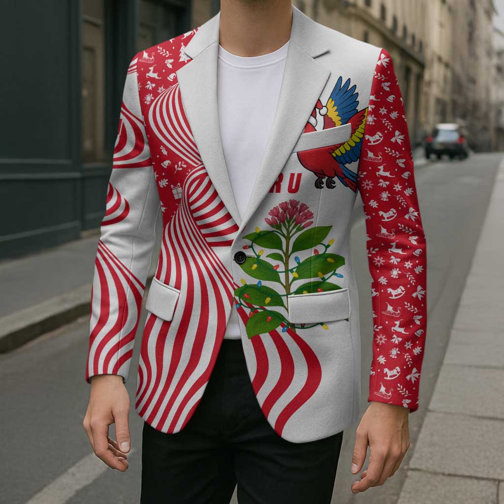 Peru Christmas Blazer with Santa Macaw Cantuta Flower Red Swirl Pattern and Festive Design - Wonder Print Shop