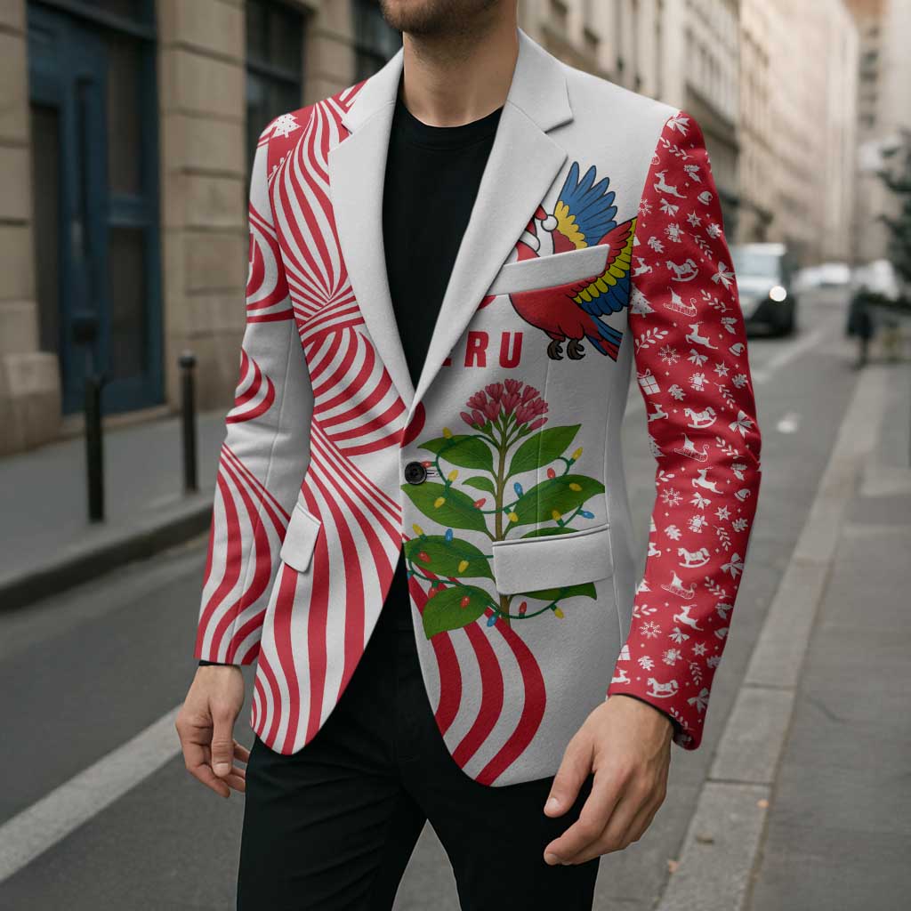 Peru Christmas Blazer with Santa Macaw Cantuta Flower Red Swirl Pattern and Festive Design - Wonder Print Shop