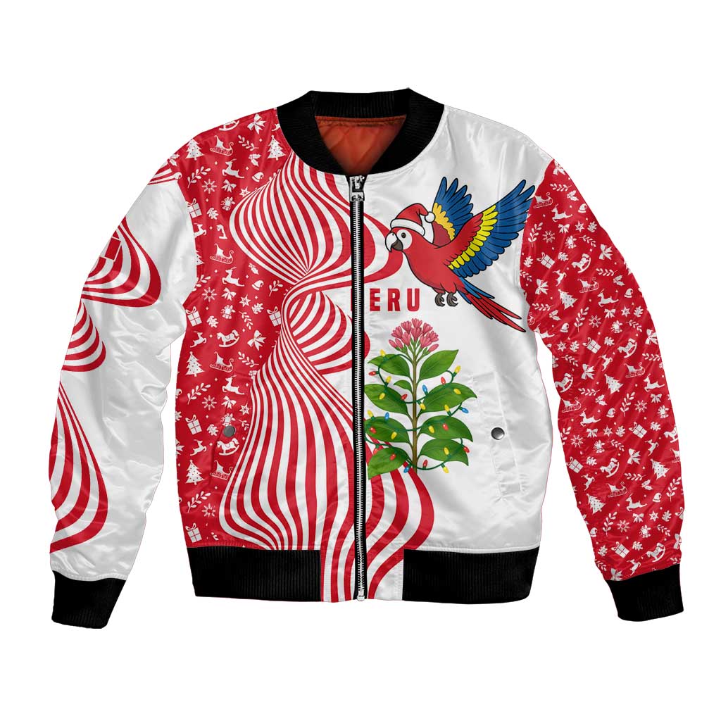 Peru Christmas Bomber Jacket with Santa Macaw Cantuta Flower Red Swirl Pattern and Festive Design - Wonder Print Shop