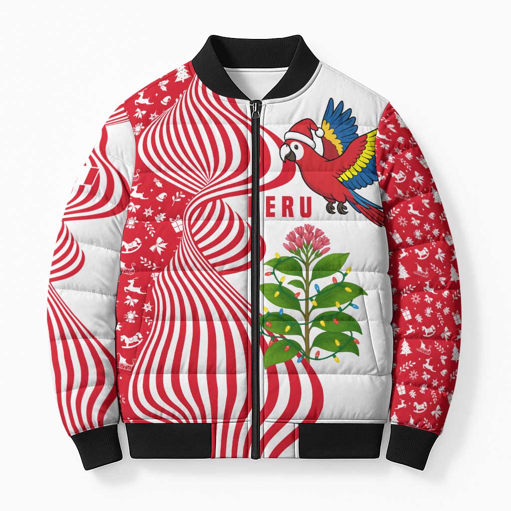 Peru Christmas Bomber Puffer Jacket with Santa Macaw Cantuta Flower Red Swirl Pattern and Festive Design - Wonder Print Shop