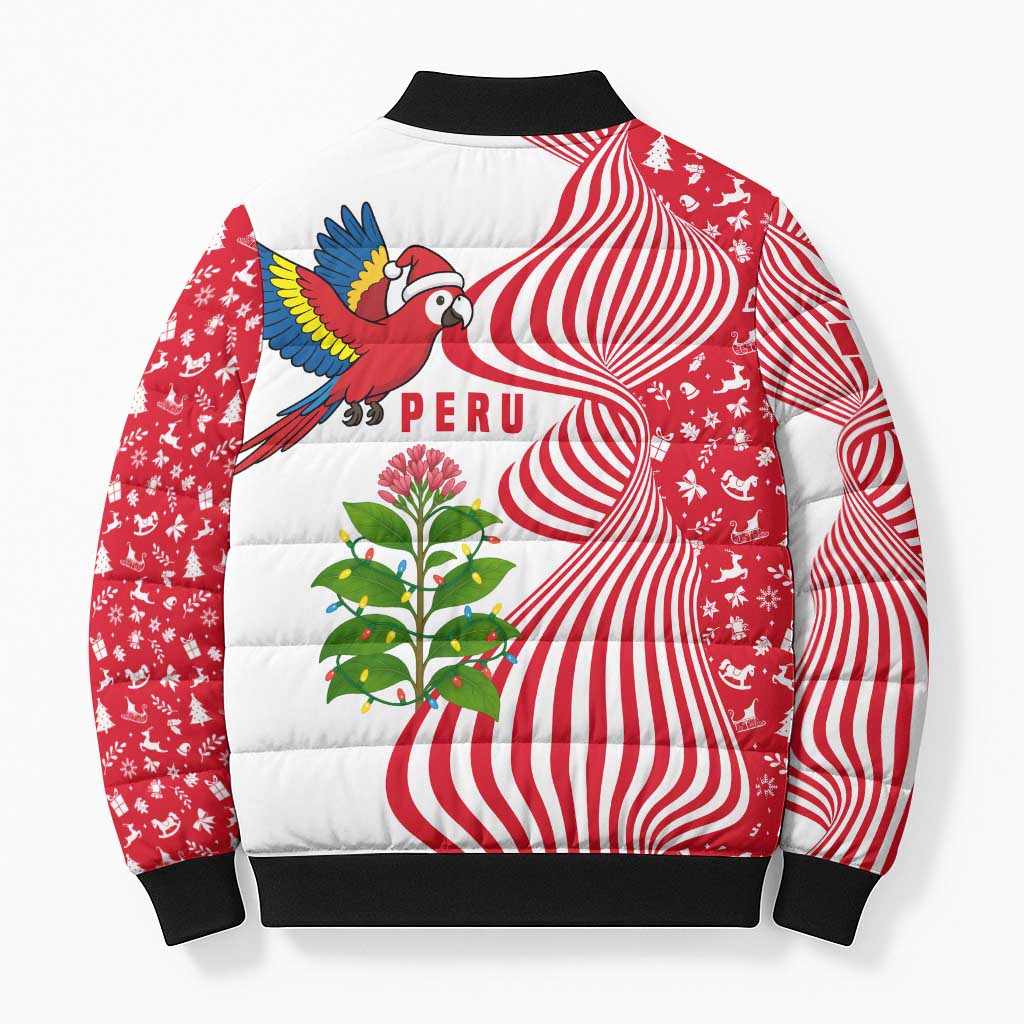 Peru Christmas Bomber Puffer Jacket with Santa Macaw Cantuta Flower Red Swirl Pattern and Festive Design - Wonder Print Shop