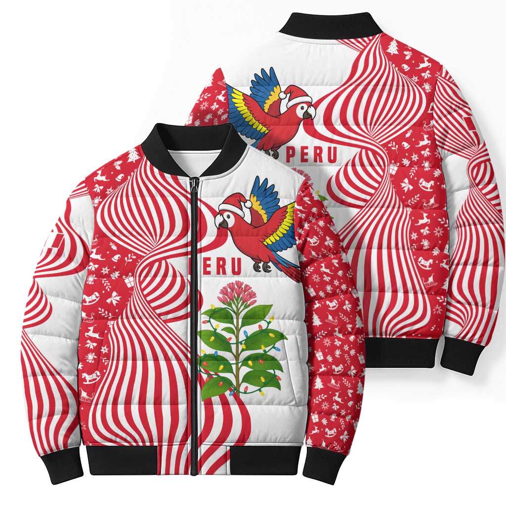 Peru Christmas Bomber Puffer Jacket with Santa Macaw Cantuta Flower Red Swirl Pattern and Festive Design - Wonder Print Shop