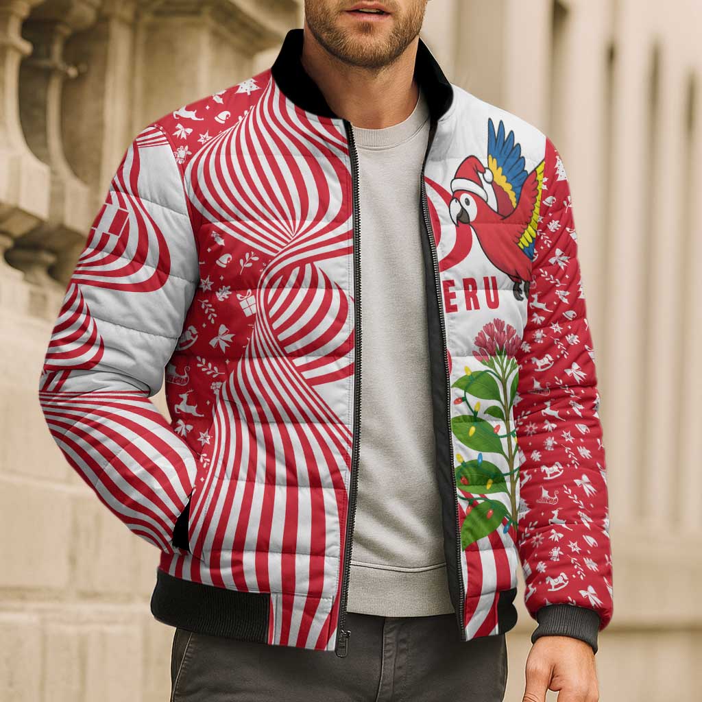 Peru Christmas Bomber Puffer Jacket with Santa Macaw Cantuta Flower Red Swirl Pattern and Festive Design - Wonder Print Shop
