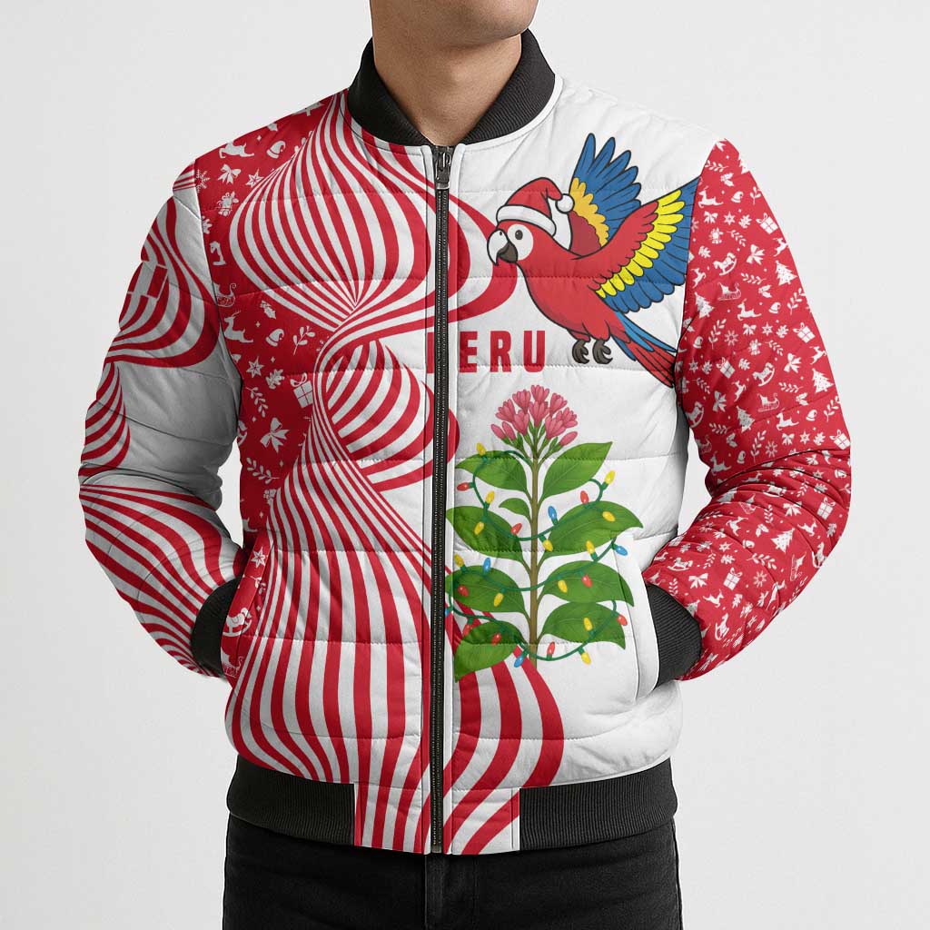 Peru Christmas Bomber Puffer Jacket with Santa Macaw Cantuta Flower Red Swirl Pattern and Festive Design - Wonder Print Shop