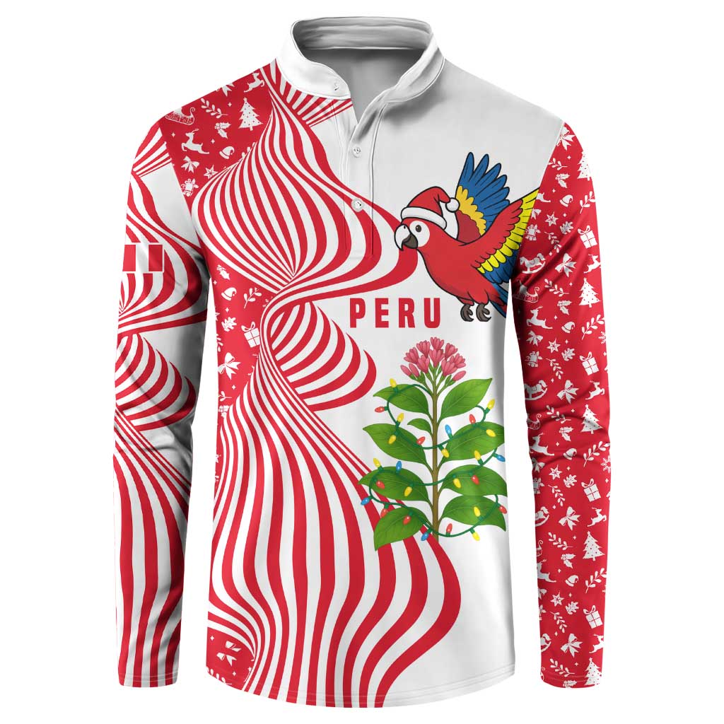 Peru Christmas Button Sweatshirt with Santa Macaw Cantuta Flower Red Swirl Pattern and Festive Design - Wonder Print Shop