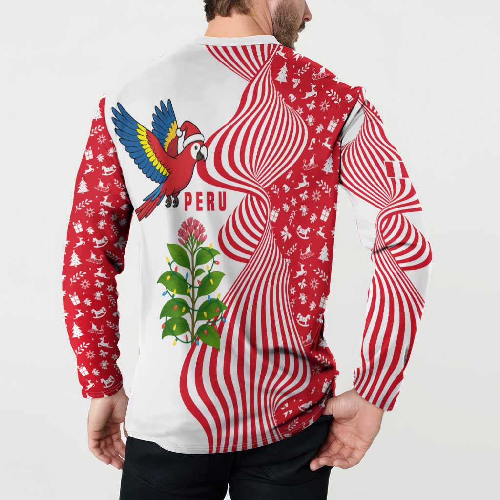 Peru Christmas Button Sweatshirt with Santa Macaw Cantuta Flower Red Swirl Pattern and Festive Design - Wonder Print Shop