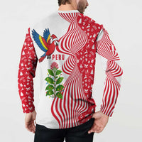 Peru Christmas Button Sweatshirt with Santa Macaw Cantuta Flower Red Swirl Pattern and Festive Design - Wonder Print Shop