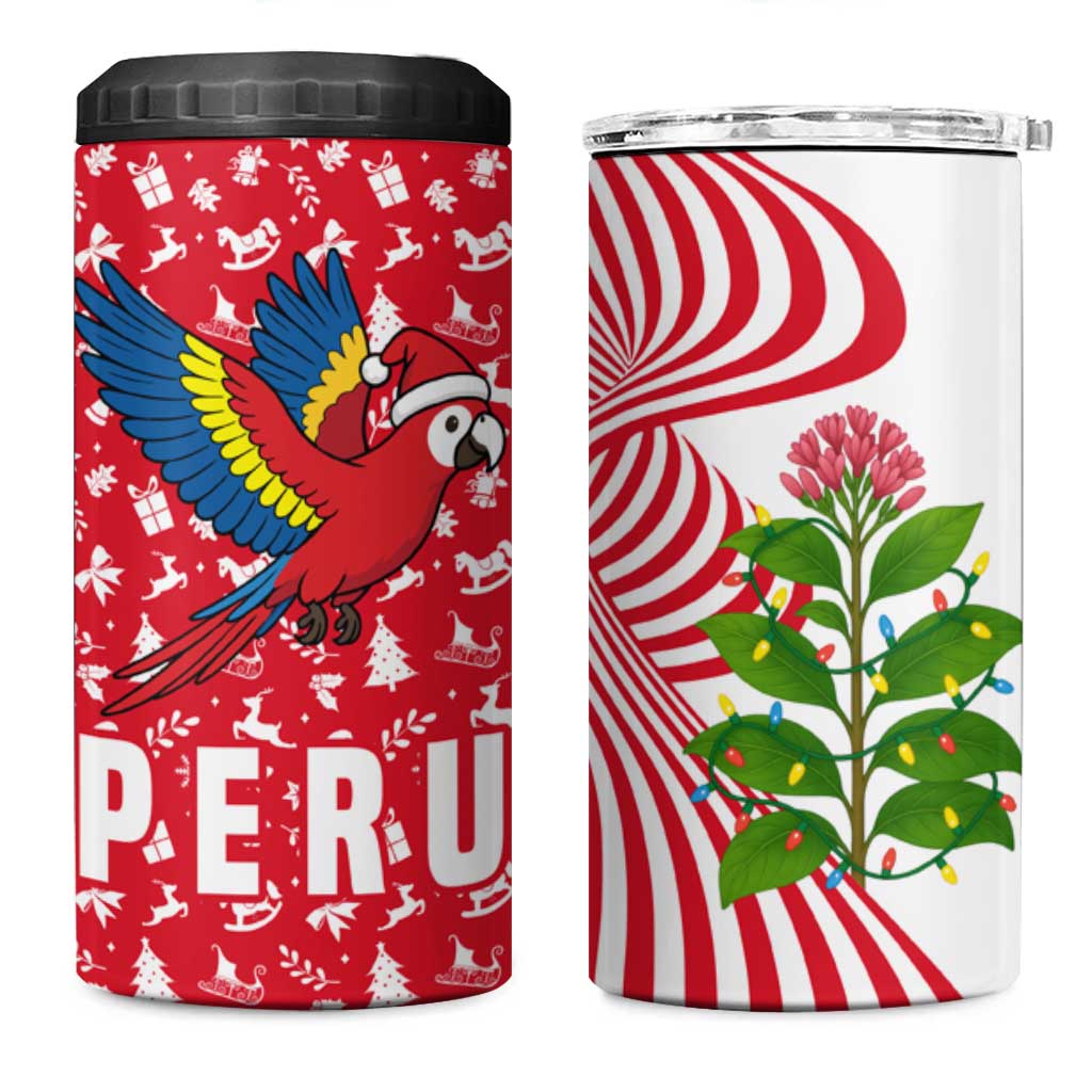 Peru Christmas 4 in 1 Can Cooler Tumbler with Santa Macaw Cantuta Flower Red Swirl Pattern and Festive Design - Wonder Print Shop