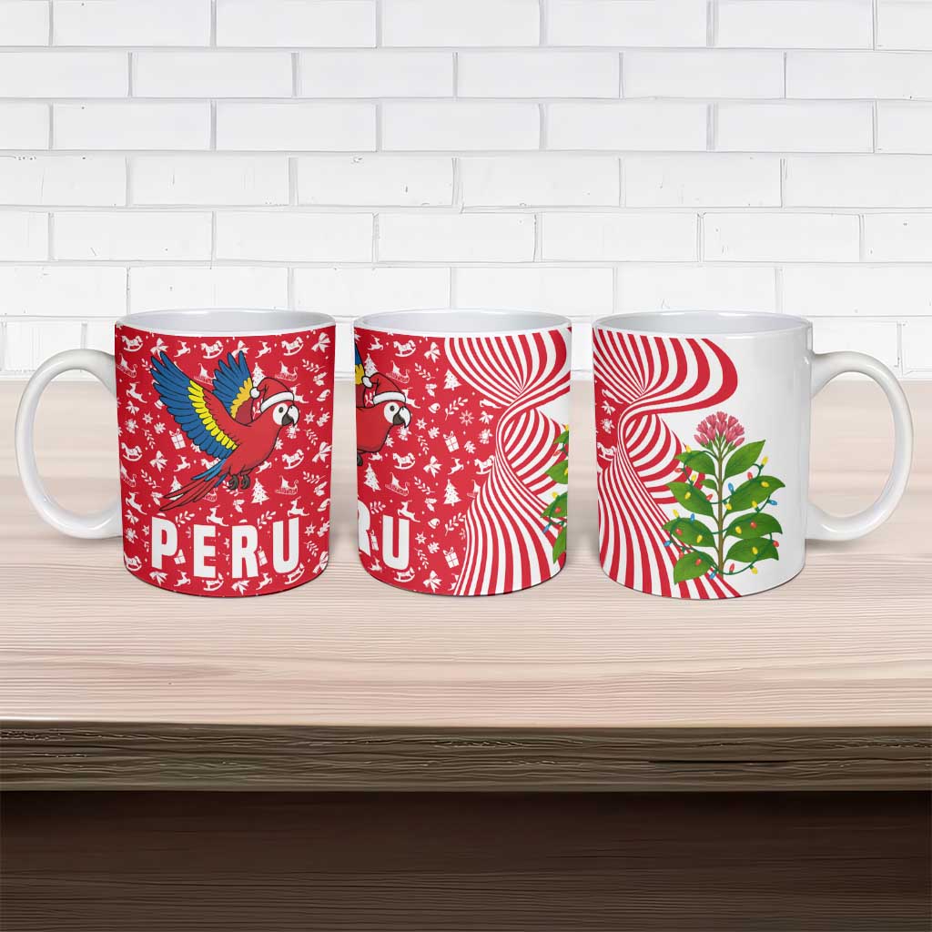 Peru Christmas Ceramic Mug with Santa Macaw Cantuta Flower Red Swirl Pattern and Festive Design - Wonder Print Shop