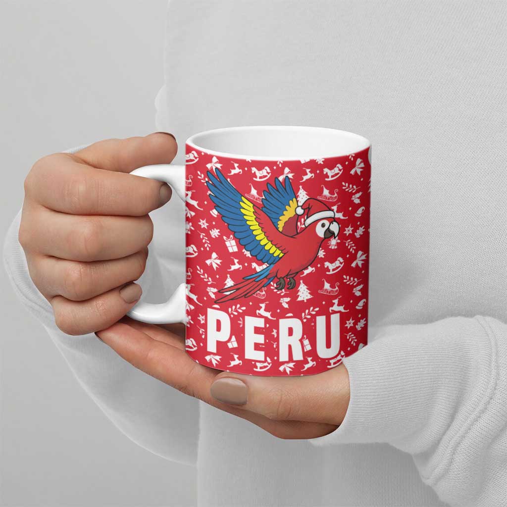 Peru Christmas Ceramic Mug with Santa Macaw Cantuta Flower Red Swirl Pattern and Festive Design - Wonder Print Shop