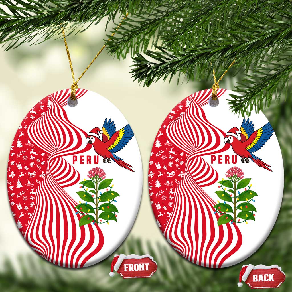 Peru Christmas Ceramic Ornament with Santa Macaw Cantuta Flower Red Swirl Pattern and Festive Design - Wonder Print Shop