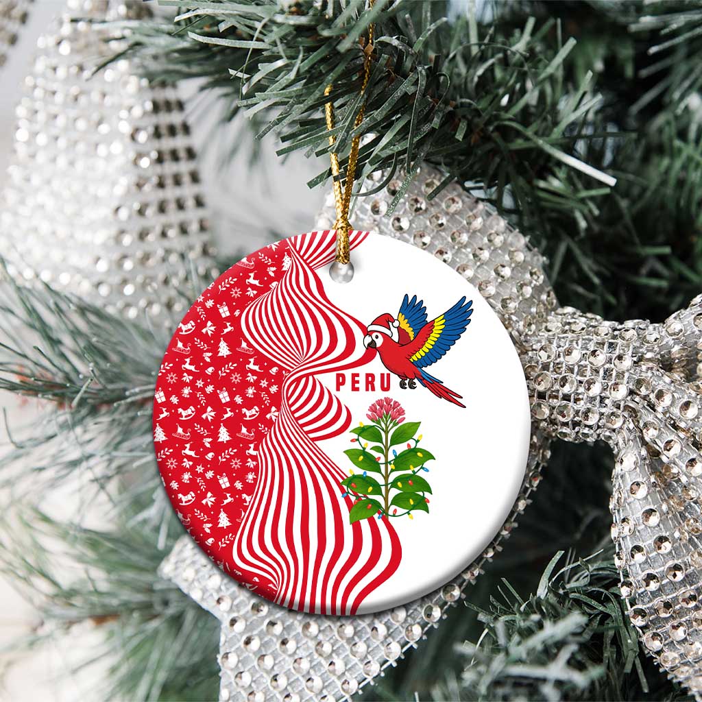 Peru Christmas Ceramic Ornament with Santa Macaw Cantuta Flower Red Swirl Pattern and Festive Design - Wonder Print Shop