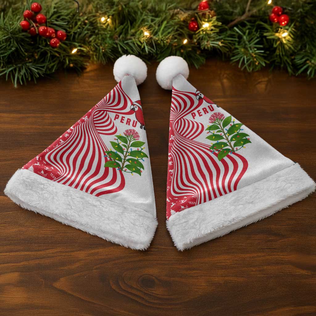 Peru Christmas Santa Hat with Santa Macaw Cantuta Flower Red Swirl Pattern and Festive Design - Wonder Print Shop