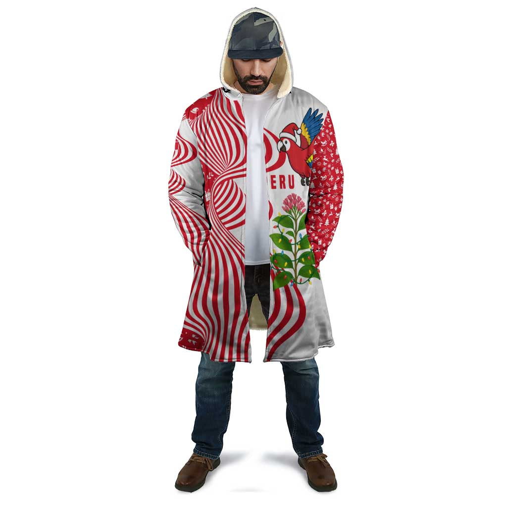 Peru Christmas Cloak with Santa Macaw Cantuta Flower Red Swirl Pattern and Festive Design - Wonder Print Shop