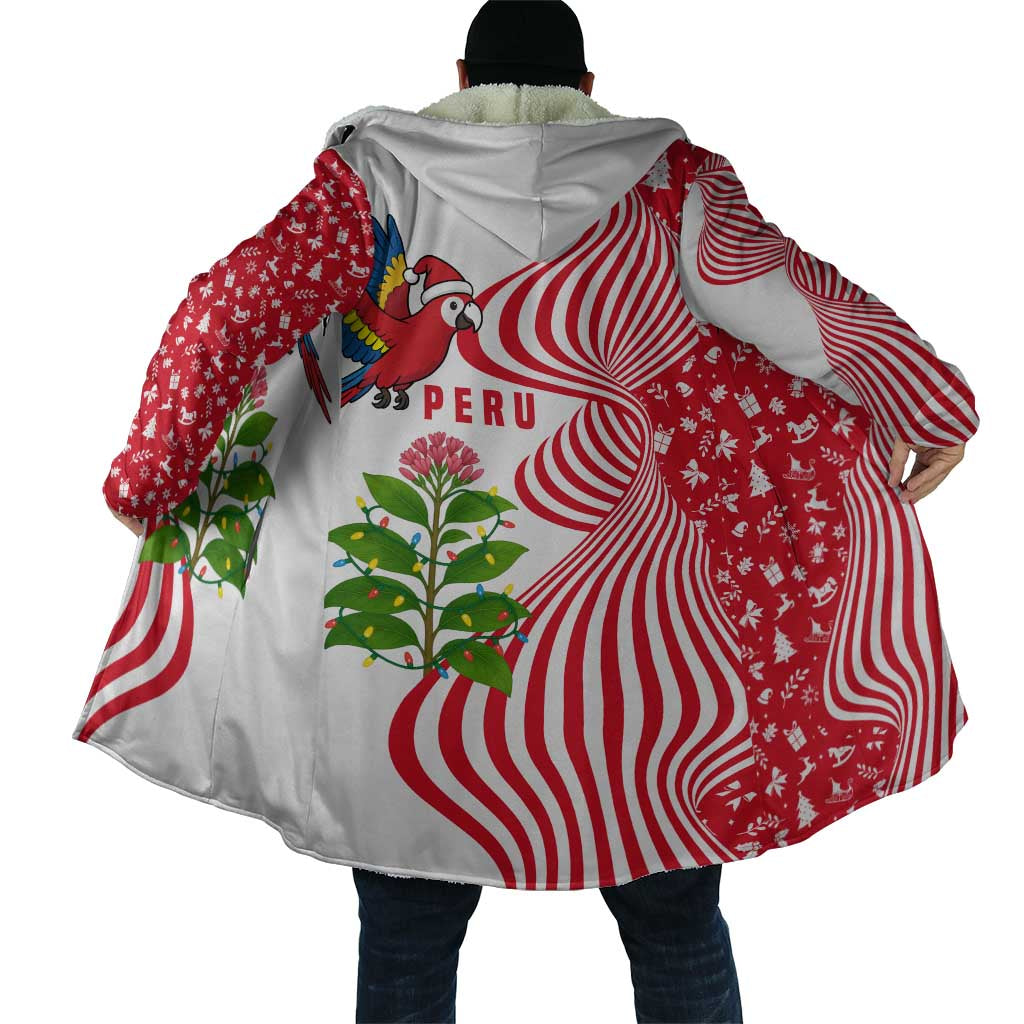 Peru Christmas Cloak with Santa Macaw Cantuta Flower Red Swirl Pattern and Festive Design - Wonder Print Shop