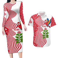 Peru Christmas Couples Matching Long Sleeve Bodycon Dress and Hawaiian Shirt with Santa Macaw Cantuta Flower Red Swirl Pattern and Festive Design - Wonder Print Shop