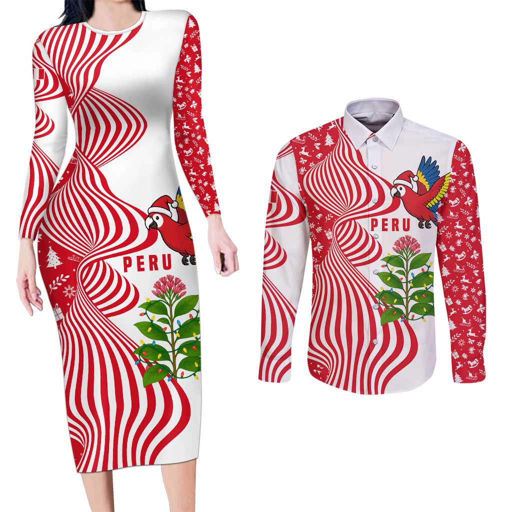 Peru Christmas Couples Matching Long Sleeve Bodycon Dress and Long Sleeve Button Shirt with Santa Macaw Cantuta Flower Red Swirl Pattern and Festive Design - Wonder Print Shop
