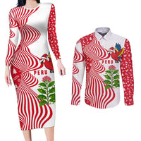 Peru Christmas Couples Matching Long Sleeve Bodycon Dress and Long Sleeve Button Shirt with Santa Macaw Cantuta Flower Red Swirl Pattern and Festive Design - Wonder Print Shop