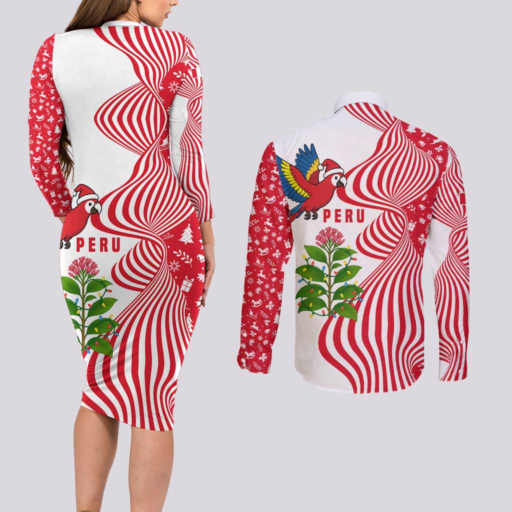 Peru Christmas Couples Matching Long Sleeve Bodycon Dress and Long Sleeve Button Shirt with Santa Macaw Cantuta Flower Red Swirl Pattern and Festive Design - Wonder Print Shop